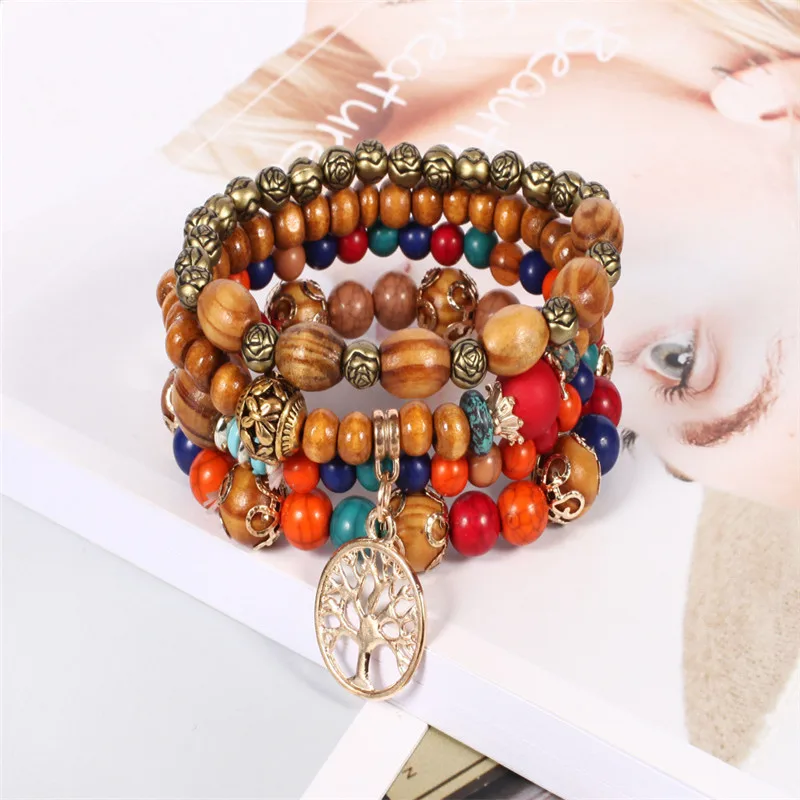 

MESTILO 4pcs/Set Ethnic Vintage Handmade Multilayer Colorful Wood Beads Bracelets For Women Bohemia Tree Of Life Charm Bracelets