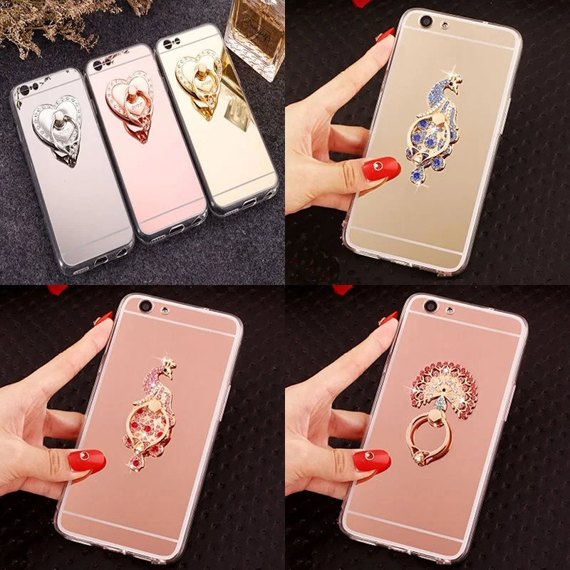 

Case for Redmi note 3 4 5 6 A X Cover for Xiaomi 8 E A 2 1 5S plus max3 love heart Diamond peacock Glitter Mirror Cover 360 Ring