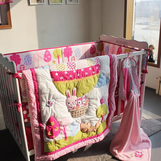 8 Pieces Cotton Baby Bedding Set Embroidery Hot Air Balloon 8 Pieces Cotton Baby Bedding Set Embroidery Hot Air Balloon Rabbit Fox Owl Quilt Bedskirt
