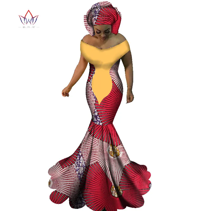 BRW африканские платья для женщин сексуальные с вырезом лодочкой Длинные платья Базен Riche Африканский принт платье русалки размера плюс 6XL WY1860