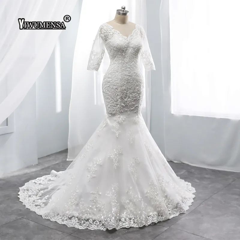 В стиле Русалочки без спины свадебное платье накладные аппликации на половину рукава Свадебные платья, платья невесты v-образный вырез винтажное свадебное платье Vestidos De Novia
