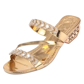 

Lucyever women fashion crystals sandals 2019 summer comfortable heels beach flip flops casual solid thick heel slides slippers
