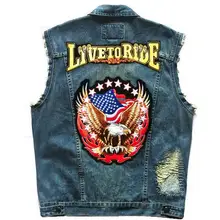 Орел флаг узор дизайн патч мотоцикл джинсовый жилет для мужчин's Винтаж Sleevess заклепки Вышивка Байкер езды жилеты Slim Fit