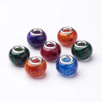 

100pcs Spray Painted Glass Large Hole European Beads with Brass Core Rondelle Mixed Color 14~15x11mm, Hole: 4.5~5mm F80