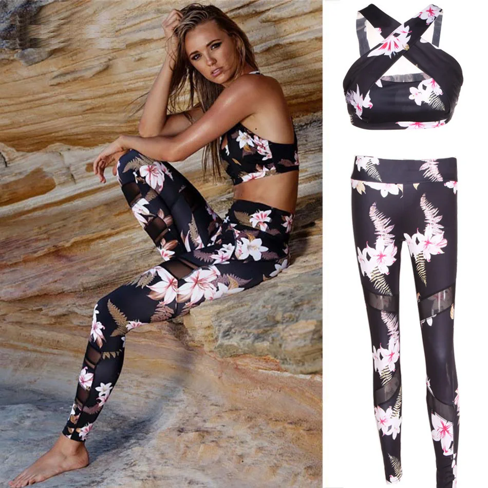 

Tracksuit For Women Yoga Sets Floral Print Women Sports Bra Mesh Legging Pant Sport Suit Women Sport Gym Set Women Sportswear