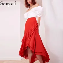 Svoryxiu/Высококачественный хлопковый костюм с юбкой женские элегантные белые короткие топы с пышными рукавами+ Асимметричная красная юбка с оборками, комплект-двойка