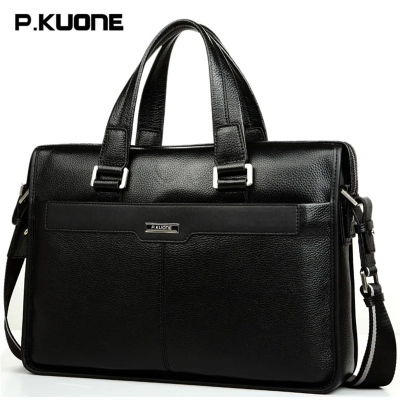 Fashion Genuine Cow Leather Men Bag P.KUONE Business Briefcase Handbag Cowhide 14' Laptop Bags Men's Travel Shoulder Bag 2016 new high quality leather men laptop briefcase bag 14 inch computer bags handbag business bag fashion laptop handbag for men