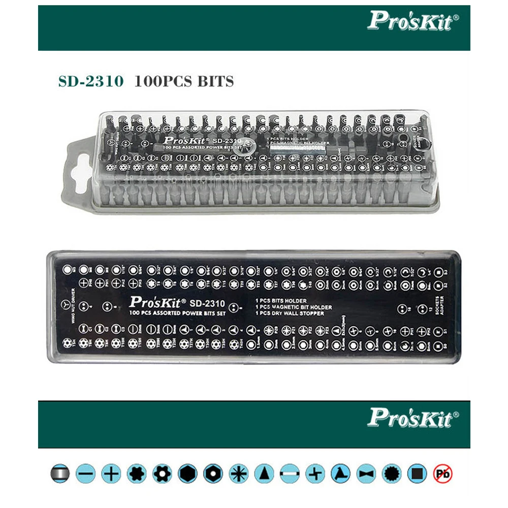 ProsKit 100 шт разные силовые биты SD-2310 все в одном наборе отвертка обменные биты для DIY храпового инструмента стальные биты