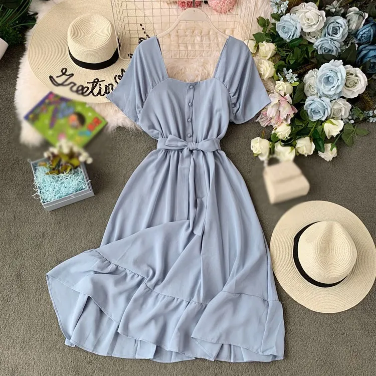 

Fashion 2019 Summer Women Solid Color A-Line Dresses Sweet Square Neck Dresses Short Sleeve Beach Dress