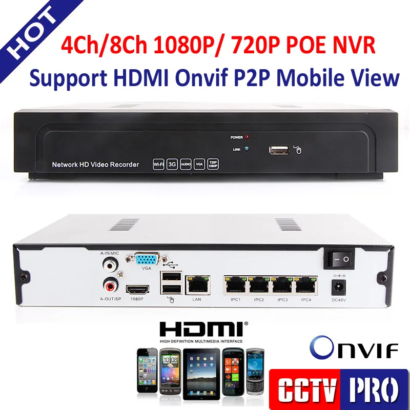 1U 4CH 8CH Onvif Full HD 960P/1080P 48V Real PoE NVR All-in-one Video Recorder For PoE IP Camera P2P Cloud Full HD Recording