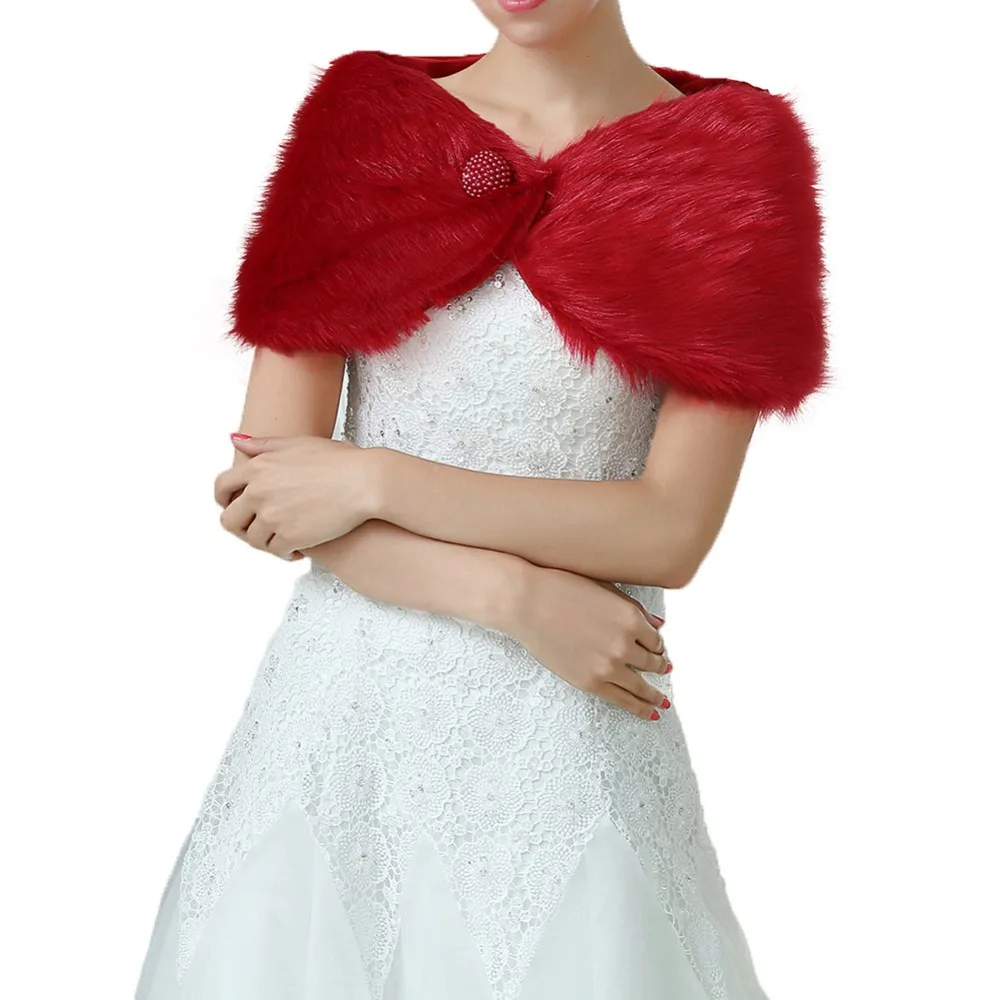 JaneVini дешевые белые накидки Свадебные меховые шали и обертывания женские Болеро зимние теплые короткие пальто куртка палантины Свадебные аксессуары - Цвет: Красный