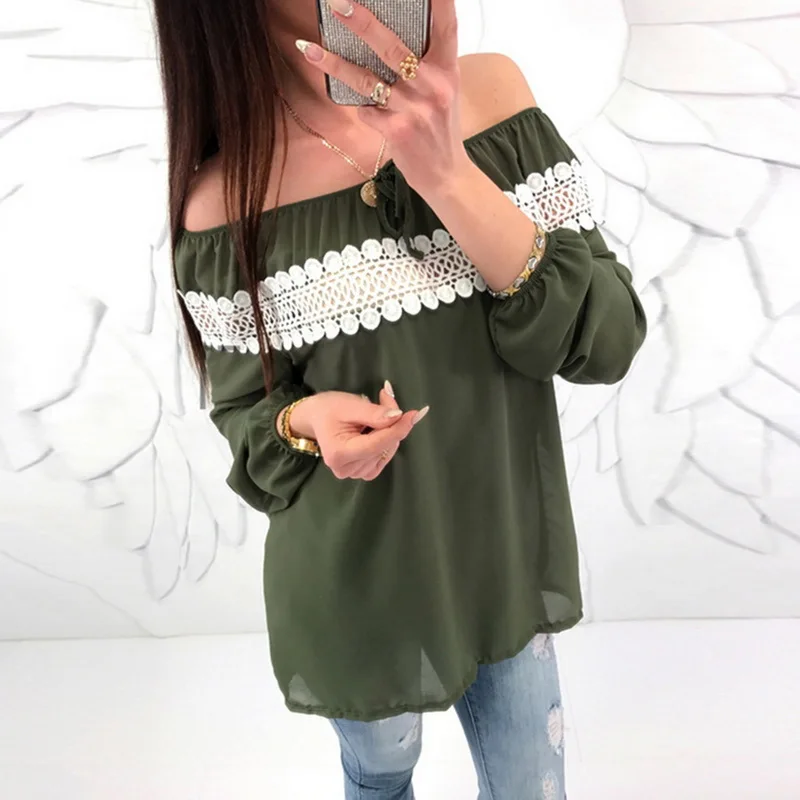 2019 Women Lace Patchwork Loose Blouses And Shirt Off Sexy Off Shoulder Lace TopsGreen Red Black Chiffon Blouses Clearance Sale