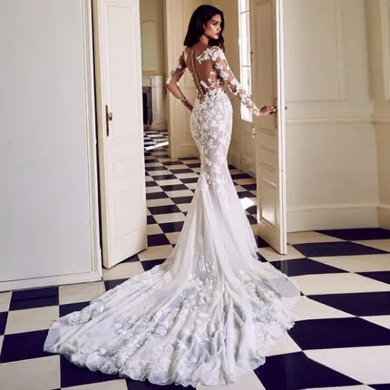 

Sexy 2019 Lace Long Sleeve Mermaid Wedding Dress New Design See Through Appliques Bridal Gowns High Quality Vestido De Noiva