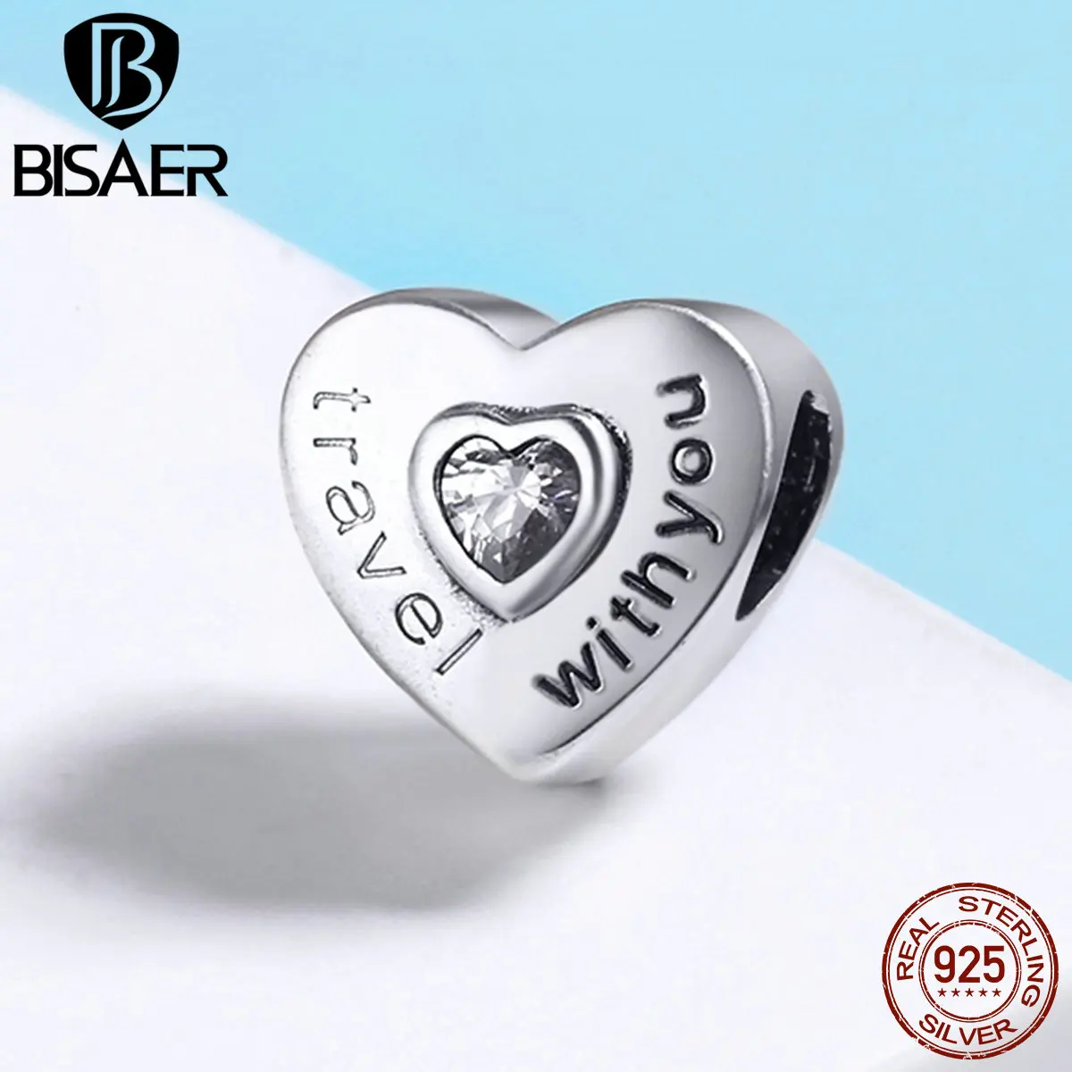 

925 Sterling Silver Travelling With You Heart Beads Fit Original BISAER Charm Bracelets DIY Accessories Christmas Gift ECC431