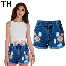 2016 Flower Embroidered High Waist Shorts Korte Broek Women Elastic Summer Ripped Jeans Short Taille Haute Blue Denims #160739