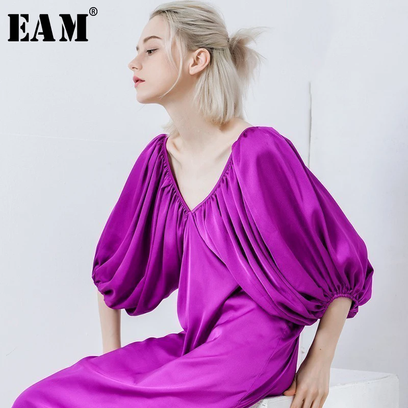 

[EAM] 2019 New Spring Summer V-collar Short Lantern Sleeve Back Cross Bandage Loose Big Size Long Dress Women Fashion JG311
