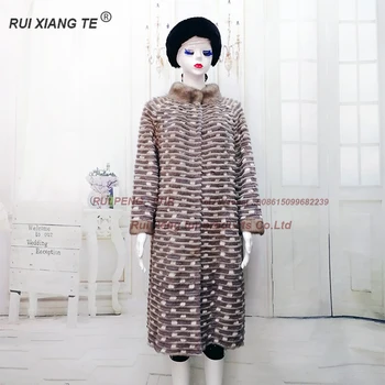 Online RuiXiangTe Frauen Echt Pelzmantel Nerz Streifen Genäht Jacke Warme Winter Real Nerz Oberbekleidung Rex Kaninchen Stricken Langen Mantel