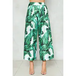 Подгоняйте Женские повседневные Ретро Винтажные Подиумные модные с принтом зеленых листьев широкие брюки свободные брюки длиной до