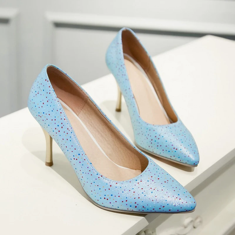 

Chinese party style sexy pointed toe pumps fashion dots red blue white high-heeled women's shoes big size 21.5~28.5cm