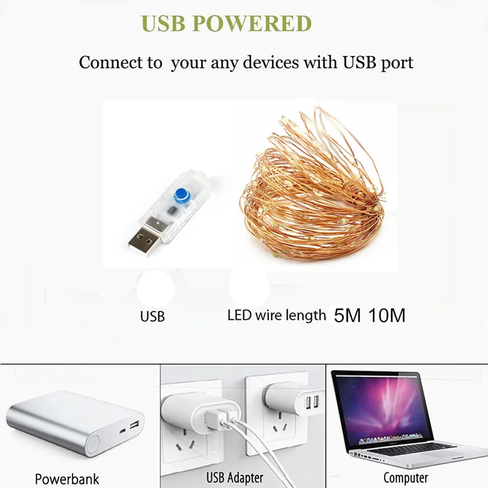 LED Strings USB Copper Wire Fairy String Lights 10m 5m 8 Modes