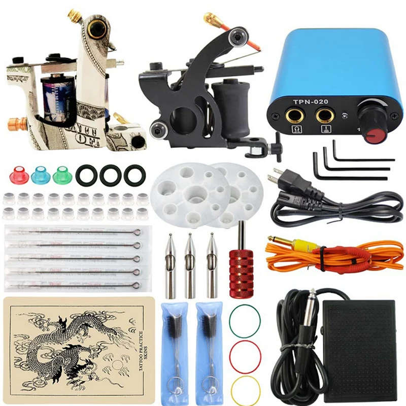 Professional 1 Set Complete Equipment Dual Tattoo Machine 2 Gun Tattoo practice skin blue Power Supply Cord Kit Body Beauty DIY Professional 1 Set Complete Equipment Dual Tattoo Machine 2 Gun Tattoo practice skin blue Power Supply Cord Kit Body Beauty DIY