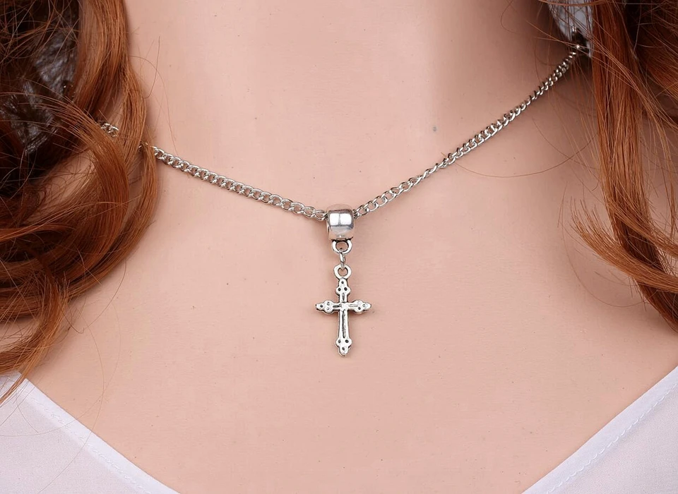 Vintage Silver Crucifix Cross Necklace Pendant Charms Choker Collar