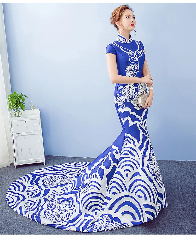 Китайский стиль свадебное длинное Cheongsam ретро сексуальное тонкое вечернее платье вечерние платья свадебное платье Qipao модная Дамская одежда Vestidos синий