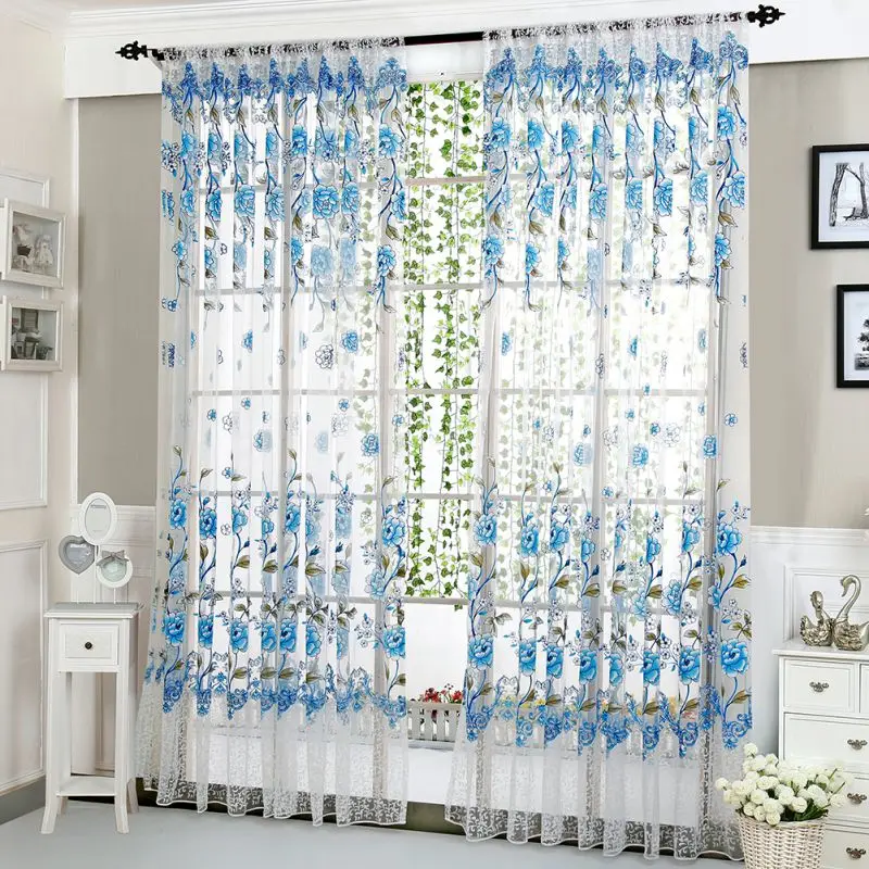 Flower Print Window Curtain Divider Tulle Voile Drape Panel Sheer Scarf Valances - Цвет: Синий