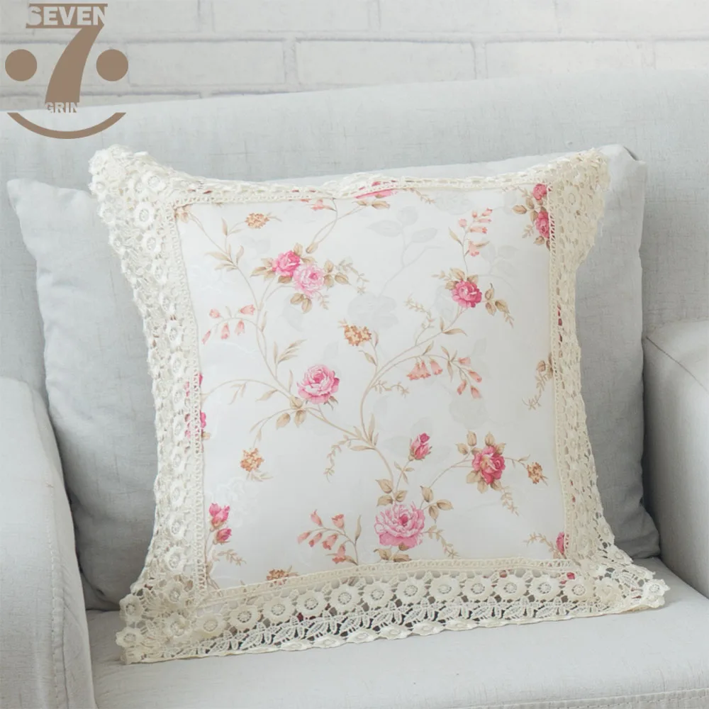 

High Quality Soft Jacquard Cloth Floral Pattern 45x45cm Square Home Decorative Pillow Cover With Elegant Lace Border