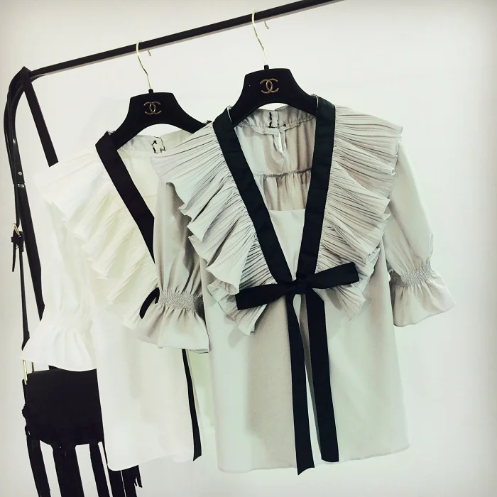 

Chiffon Shirts Women Fashion Spring Summer Brand Palace Wind Bow Long Sleeved Ruffles Chiffon Blouse Blusas Girls All-match Tops
