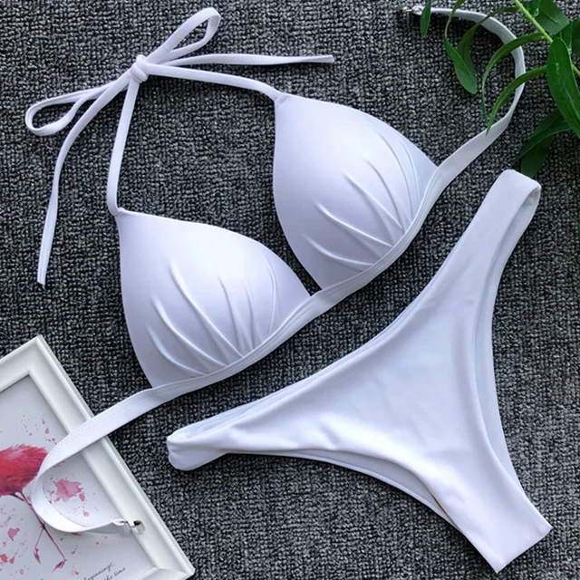 {Excellent|Wonderfull|Very Good|Very Recommended} 2019 Halter Bra Cup Bikini Sexy Swimsuit Female White Swimwear Women Push up Bikini set Brazilian Bathing Suit Bandeau Swim suit Limited Price