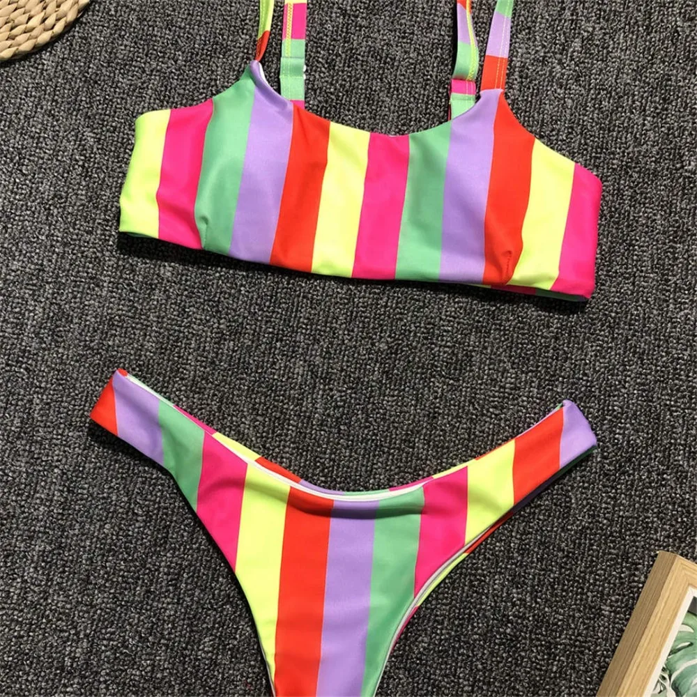 Цветной полосатый женский купальник бикини женский купальник из двух частей комплект бикини с высокой талией купальный костюм V1409