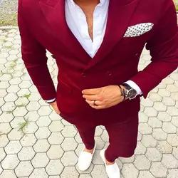 Цвет красного вина двубортный мужские костюмы Новый костюм Homme Slim Fit Свадебные Жених Повседневное Бизнес Terno Masculino (куртка + брюки)