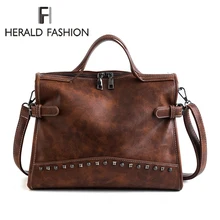 Herald Fashion Rivet Vintage Female Handbag Quality Leather Messenger Bag Women Shoulder Bag Larger Top-Handle Bags Travel Bag Herald Fashion Rivet Vintage Female Handbag Quality Leather Messenger Bag Women Shoulder Bag Larger Top-Handle Bags Travel Bag