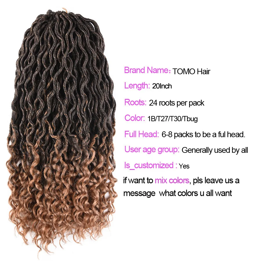TOMO Faux Locs Curly Crochet Braid Hair 20inch24roots Ombre Synthetic Braiding Hair Extensions Burgundy Black Red Brown