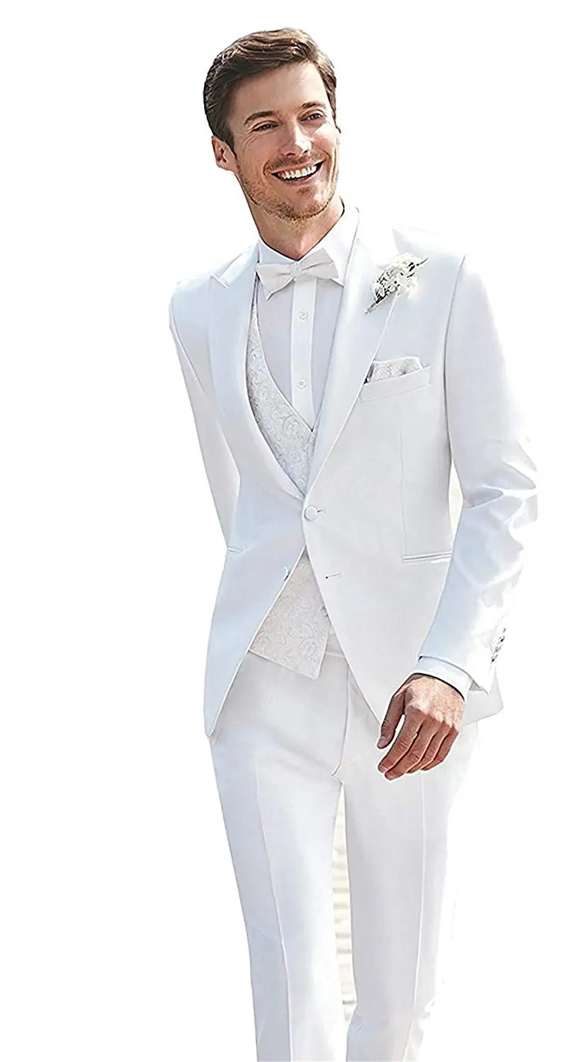Men's White Slim Fit 3 Piece Suits Two Buttons Wedding