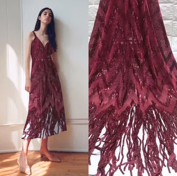 

High Quality African Lace Wine Sequin Embroidered High Quality French Tulle Net Lace Sequence Lace Fabric With Tassels YYZ876-23