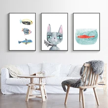 

Art Canvas Painting Cartoon Watercolor Cat Fish Modern Design Poster Cafe Shop Home Decor On Canvas Modern Wall Print Artworks