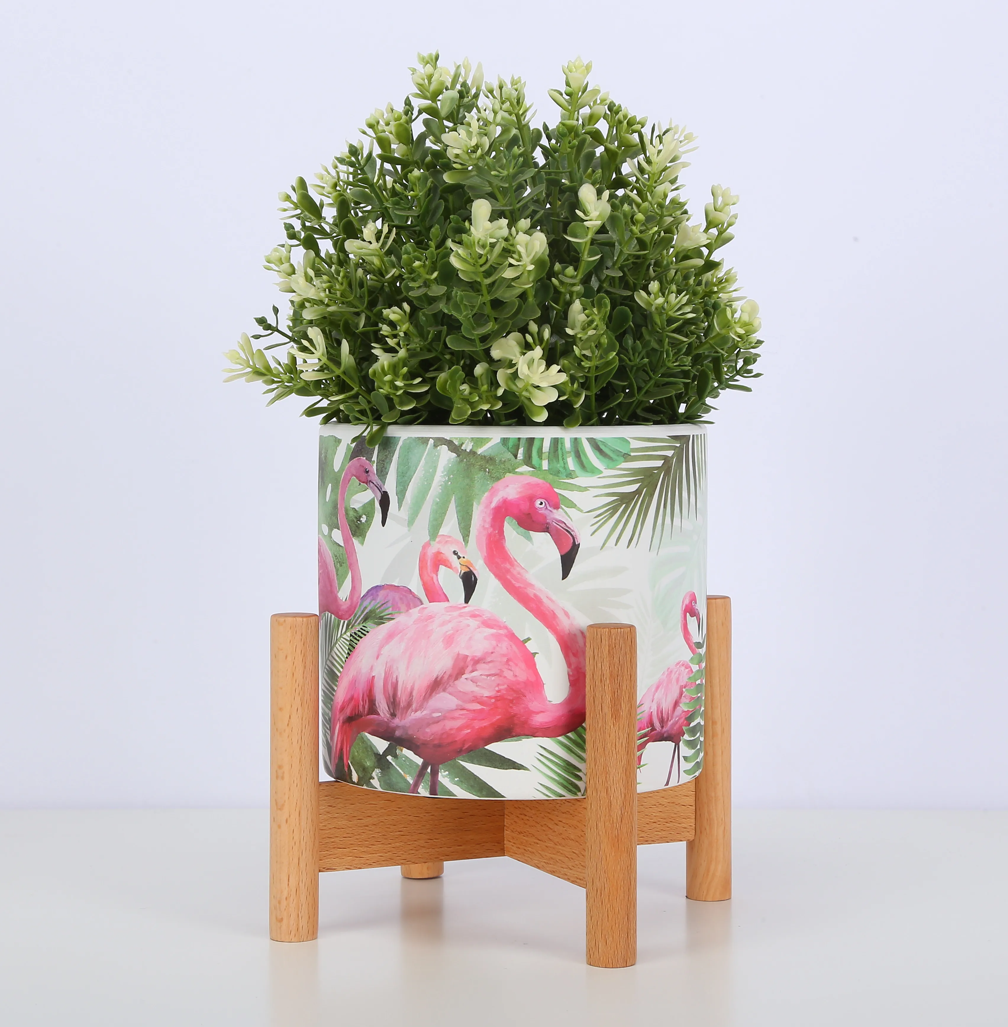 

Ceramic Plant Pot Small Planter Flamingo Flower Pot with Wood Plant Stand