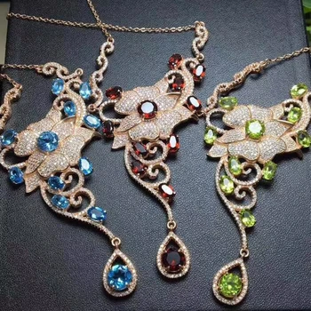 

Natural blue topaz gem Necklace Natural peridot garnet Pendant Necklace S925 sliver Luxurious Flower woman party gift Jewelry