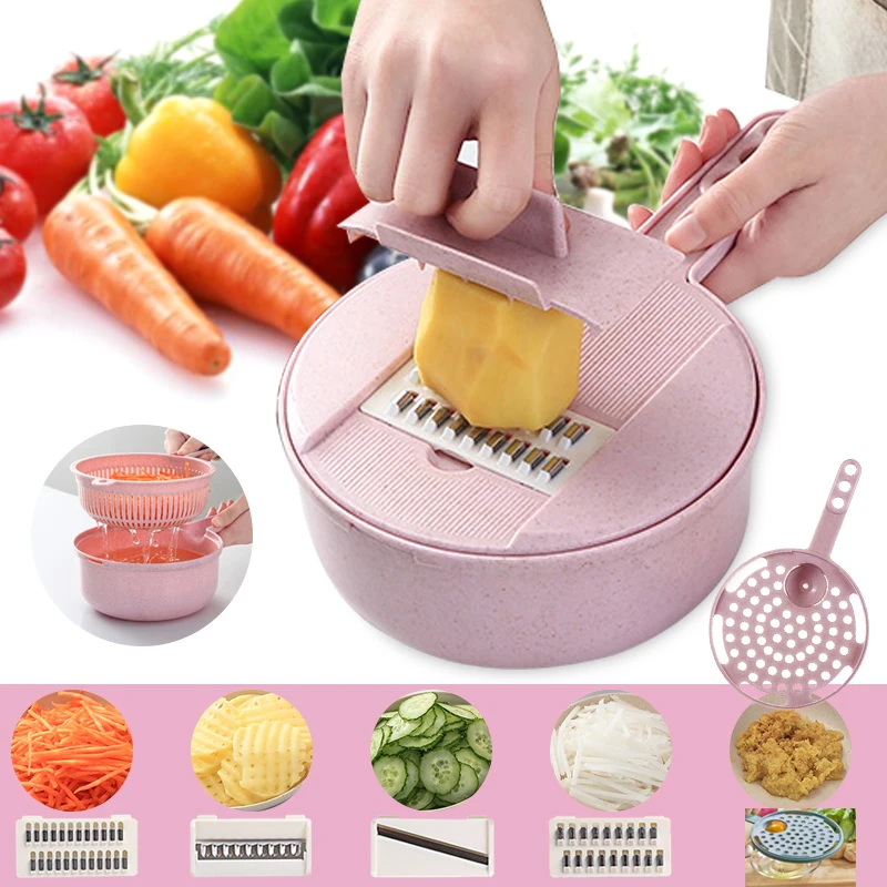 9 pcs /Set Kitchen Cutter Fruit Vegetable Slicer Potato Carrot Grater Garlic Chopper Mandoline Cutter with Noodle Drain Basket