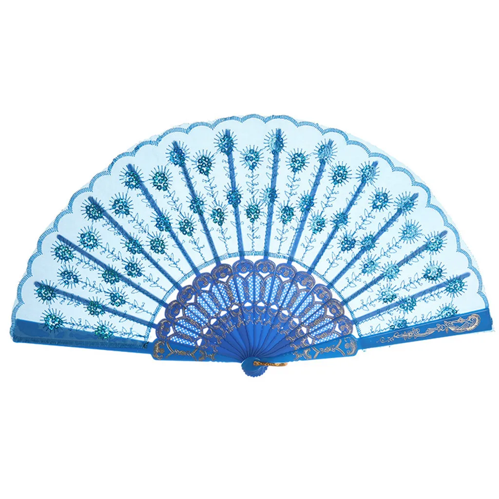 Китайский античный пластиковый складной вентилятор с пайетками сетка японский складной веер китайский Стиль Танцевальная Свадебная вечеринка Ручной Веер с вышивкой - Цвет: Light Blue