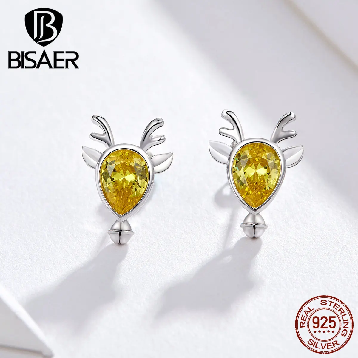 

BISAER Genuine 925 Sterling Silver Elk Earrings Small Yellow Deer Animal Stud Earrings for Women Sterling Silver Jewelry EFE104