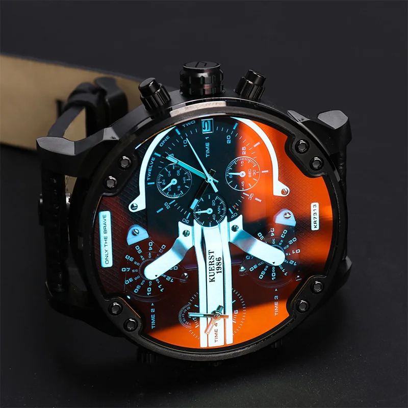 New Men's Large Dial Sports Watch Multi-time Zone Display Military Watch Men Luxury Brand KUERST Waterproof Quartz Watch