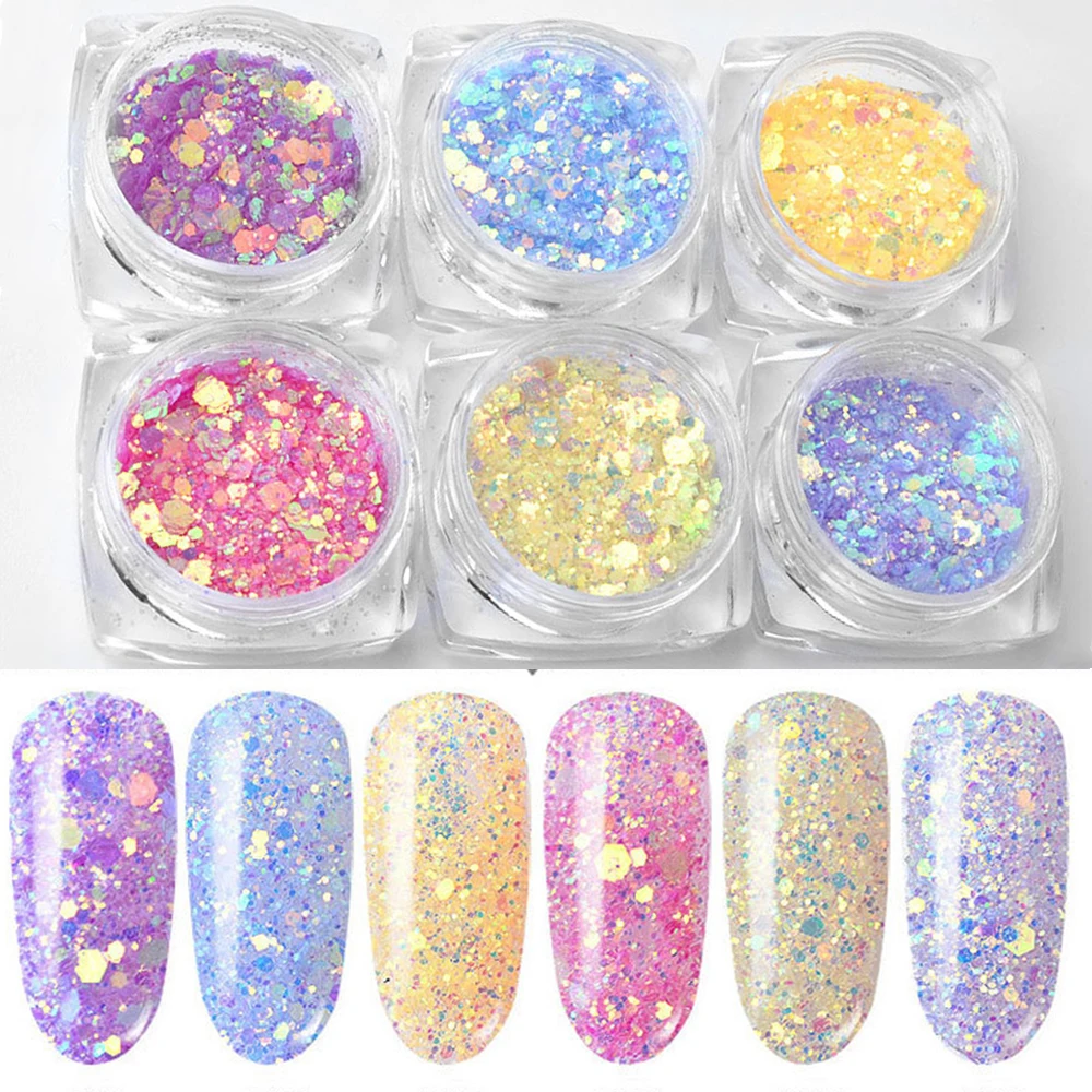 

1Box Aurora Mermaid Nail Sequins Ultra-thin Hexagon Flakes Slice Mixed Nail Glitter Powder 3D Sparkling Nail Body Eye Shadow