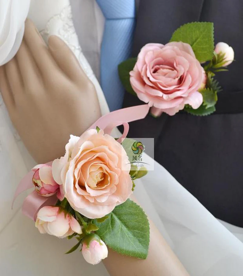 

Handmade Wedding Corsage Groom Boutonniere Bride Bridesmaid Mom Women Wrist Flower Artificial Flowers Corsages Wedding Supplies