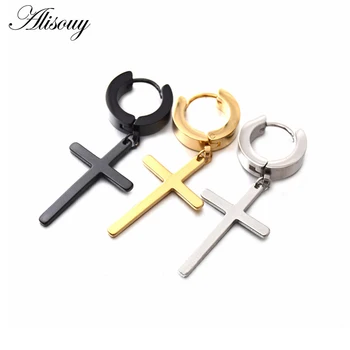 Alisouy New Punk Fashion Unisex Women Male Prayer Black Original 316 Stainless Steel Huggie Loop Cross Charm Drop Dangle Earring