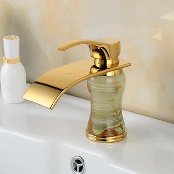 

European gold basin faucets mixer vintage, Brass retro toilet basin faucet gold,Bathroom copper jade basin faucet waterfall