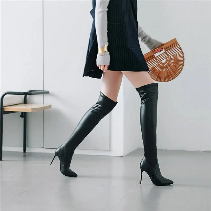 MORAZORA/ г. Новые модные сапоги женские ботфорты выше колена осенне-зимние высокие сапоги без застежки обувь для выпускного на шпильке