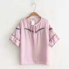 Большие размеры цвет небесно-синий и белый и розовый с пышными рукавами женская футболка шифон футболка Женские топы Вышитые летняя футболка рубашка femme